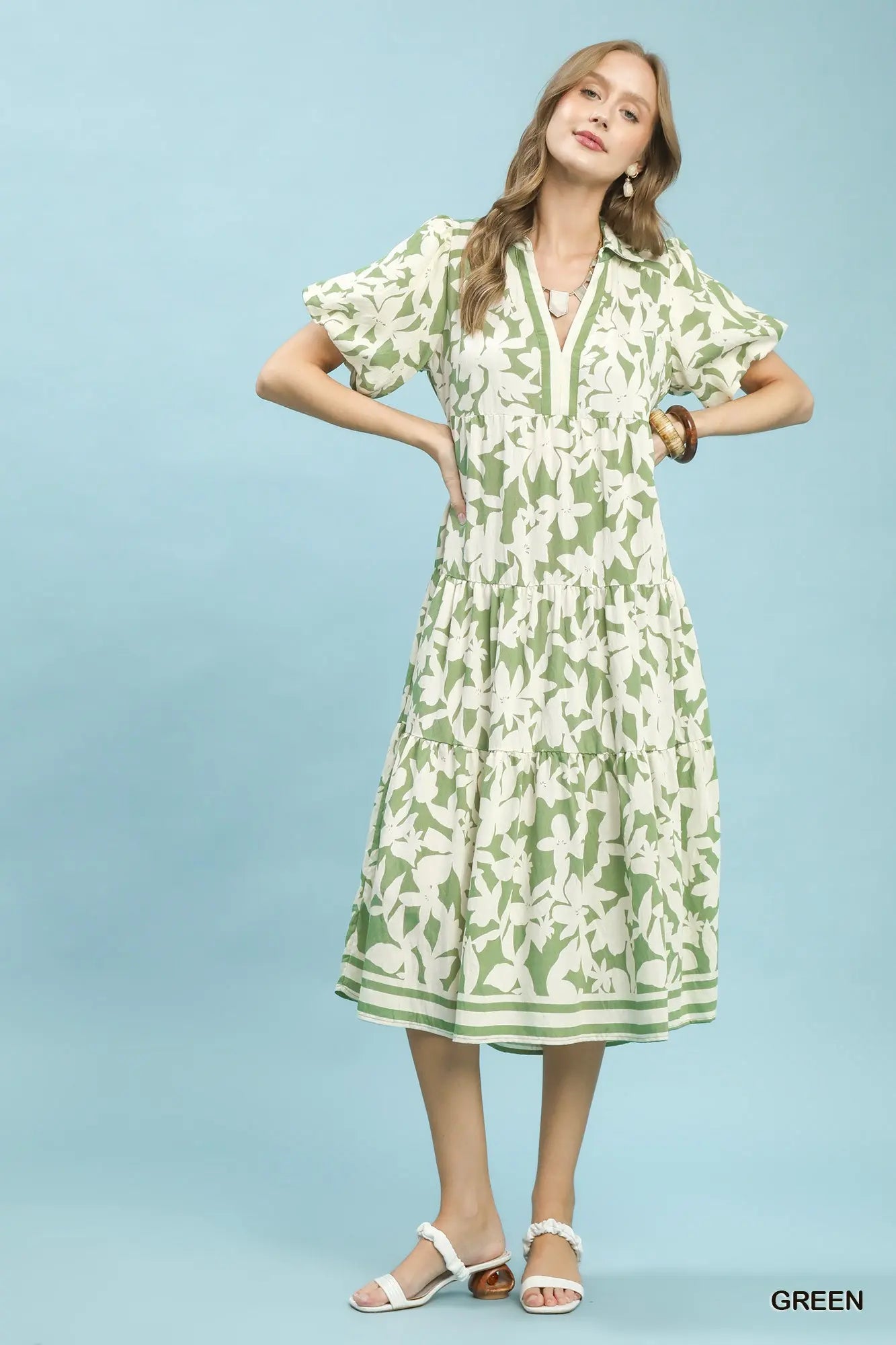 Green Botanical Print A-Line Tiered Dress
