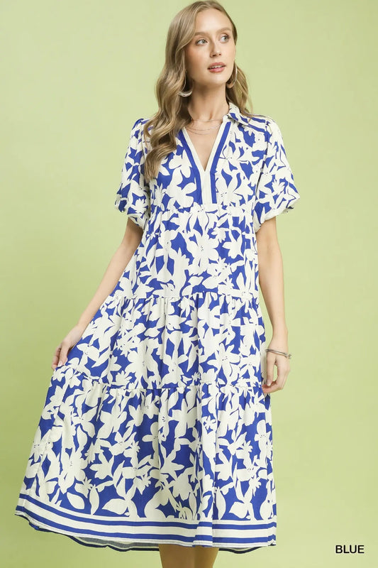 Blue Botanical Print A-Line Tiered Dress