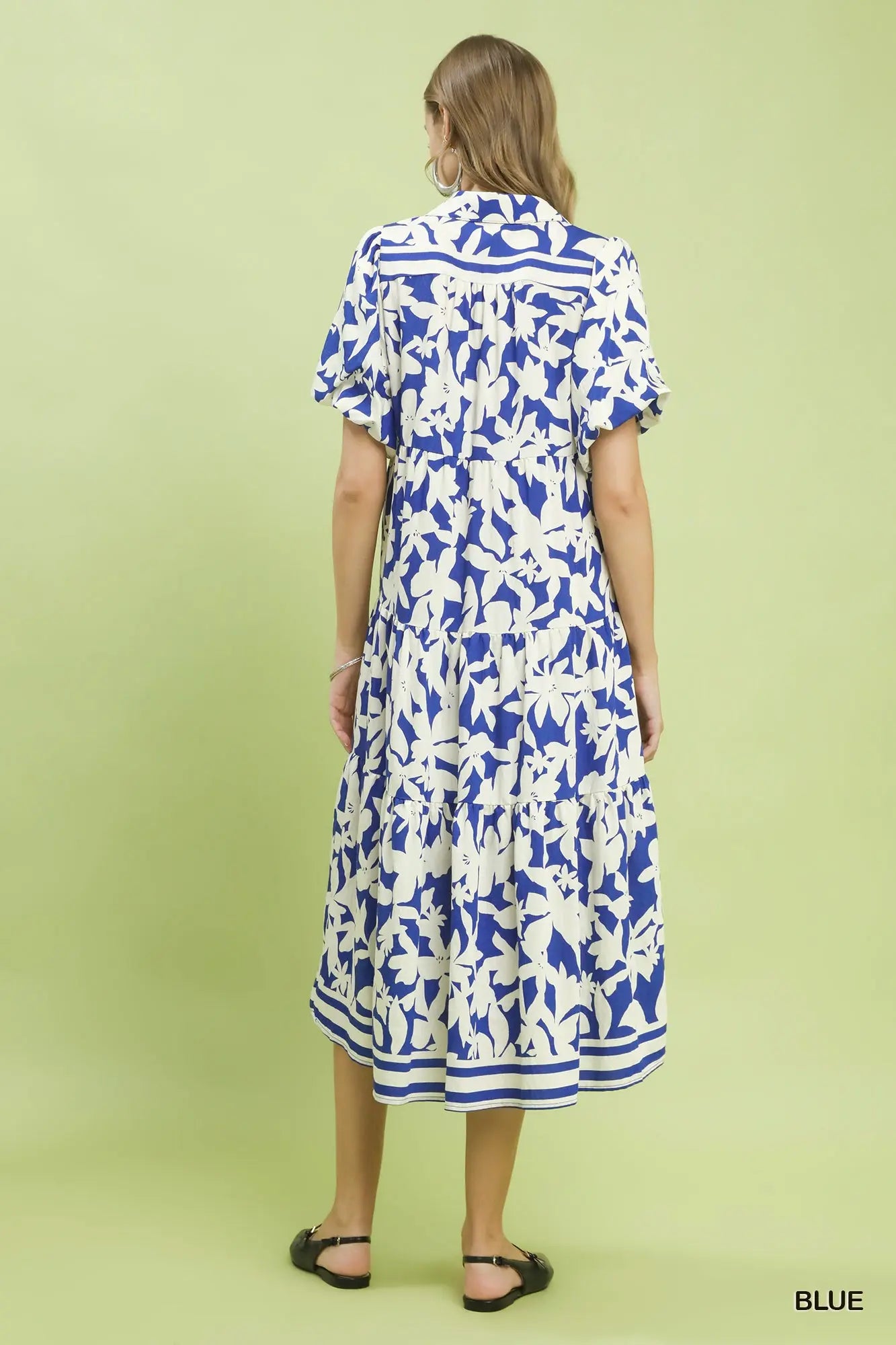 Blue Botanical Print A-Line Tiered Dress