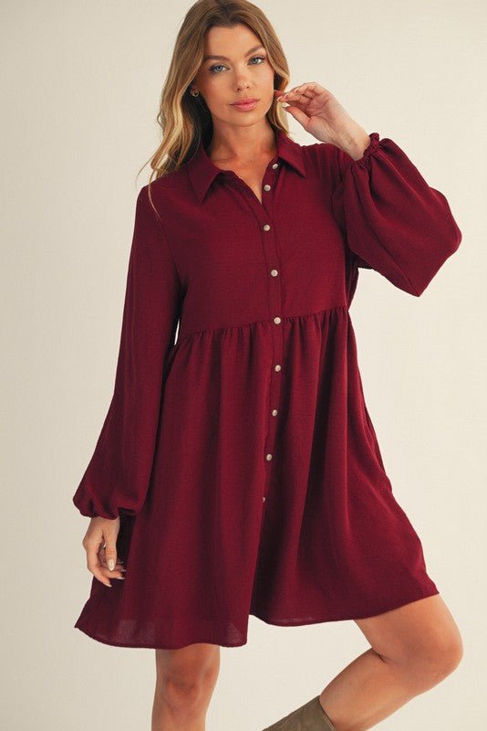Tiered Back Detail Button Down Crinkle Dress-Burgundy