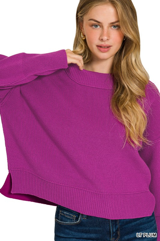 Wide Neck Drop Shoulder Sweater-Plum