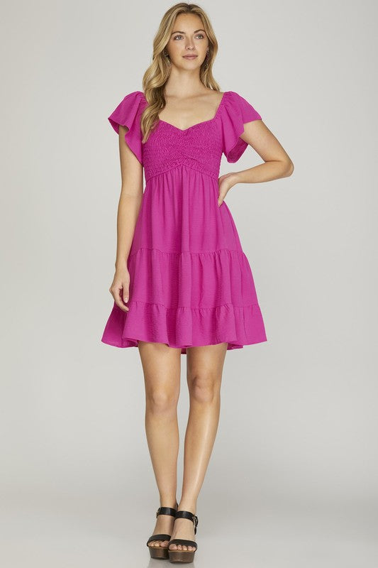 Hot Pink Smocked Tiered Dress