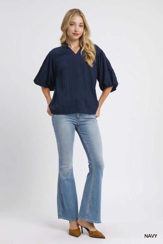 Textured V-Neck Blouse-Navy