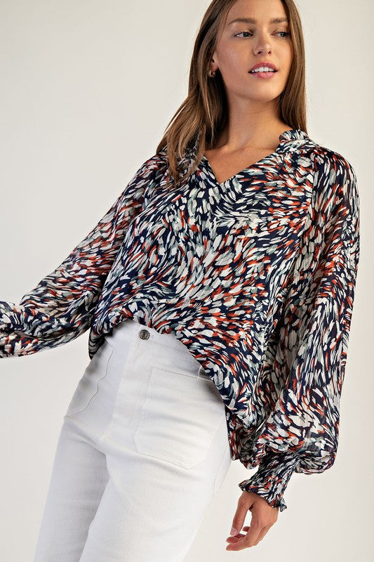 Abstract Print Bubble Sleeve Blouse