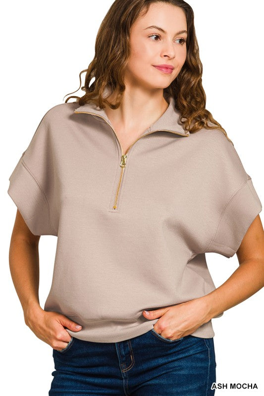 Short Sleeve Scuba Half Zip- Ash Mocha