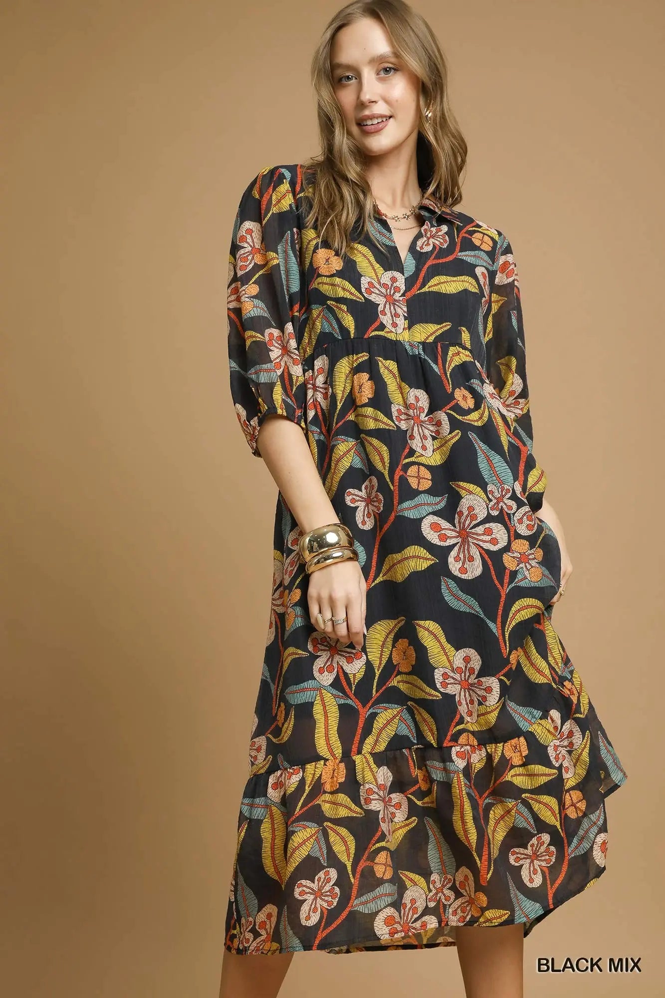 Mixed Floral Print Tiered Midi Dress- black mix