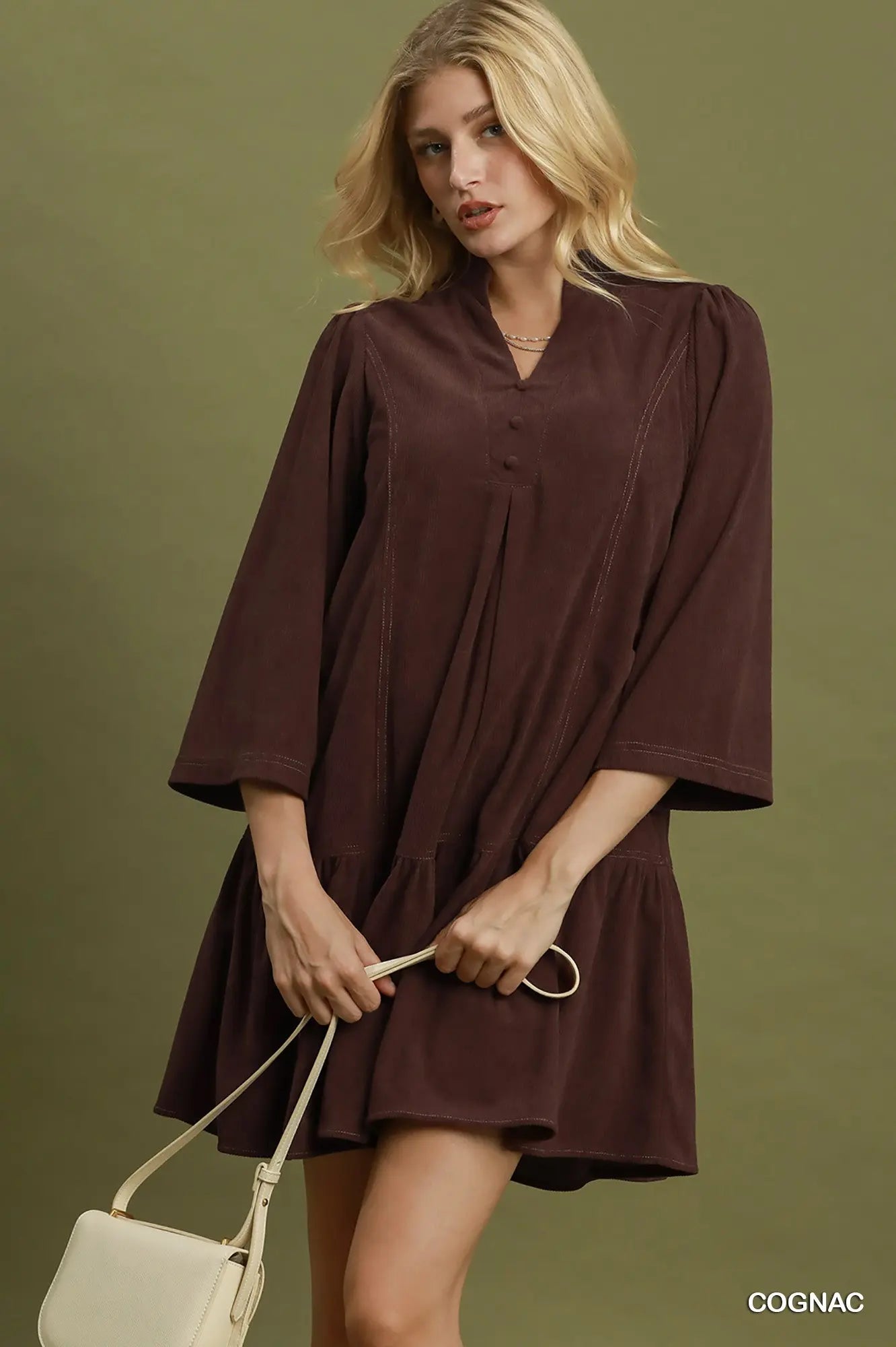 Pleated Ruffle Hem Dress-Cognac