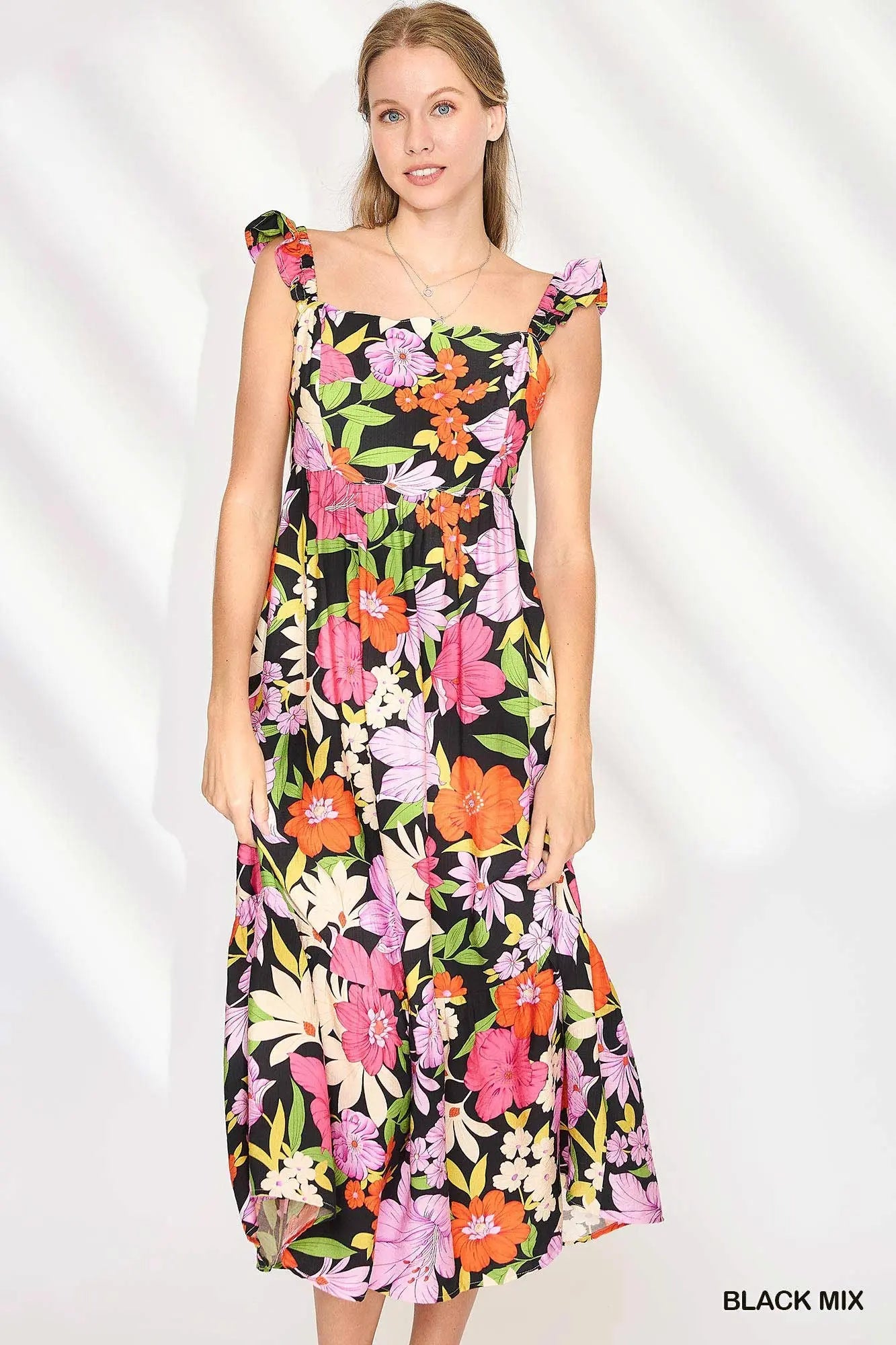 Floral Print Sun Dress with Wide Ruffled Straps