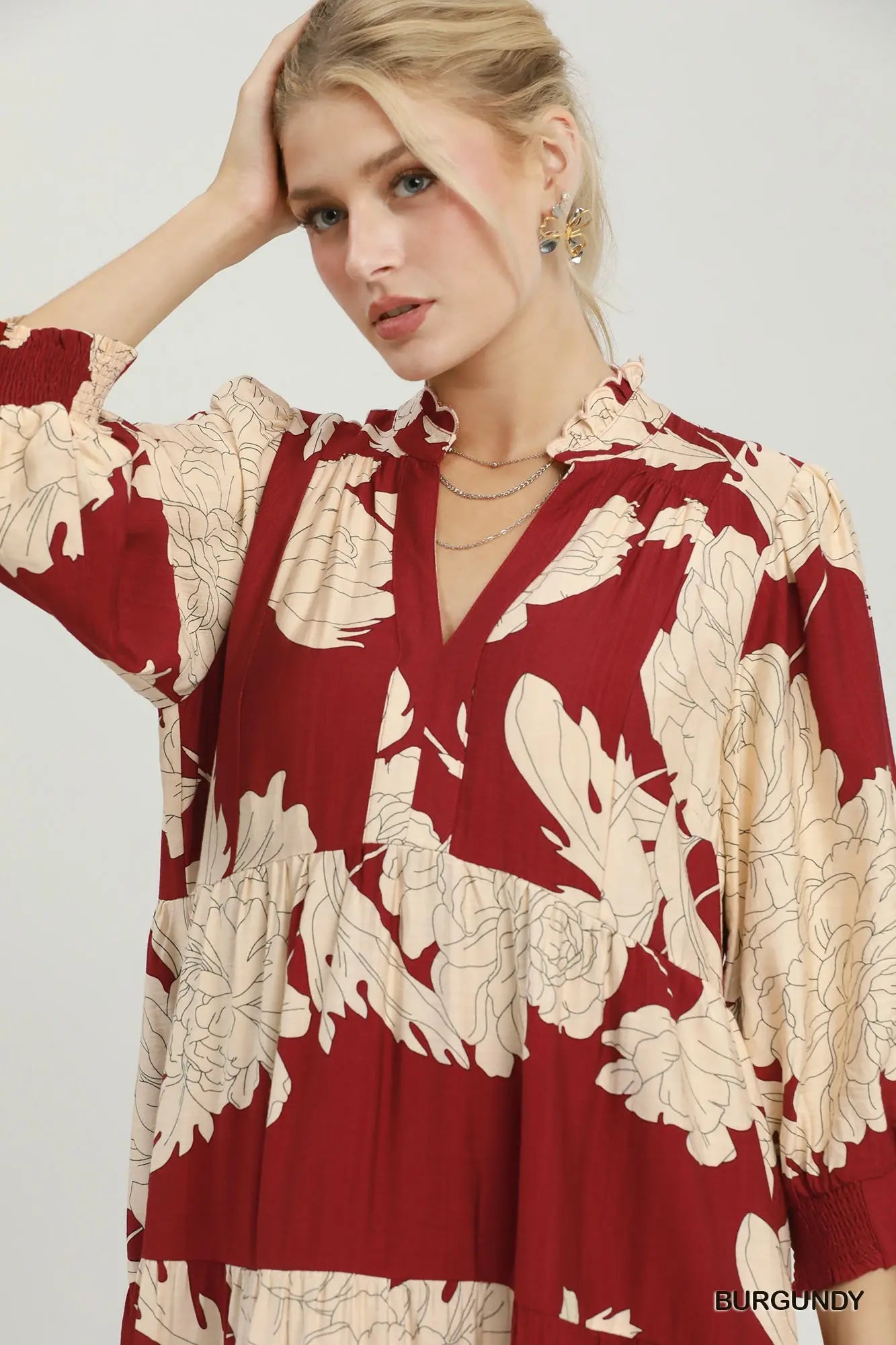 Floral Tiered Maxi Dress-Burgundy