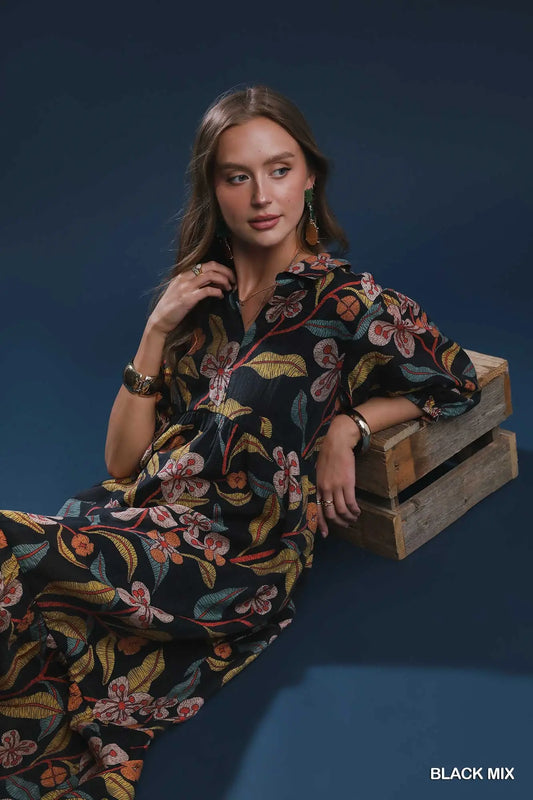 Mixed Floral Print Tiered Midi Dress- black mix