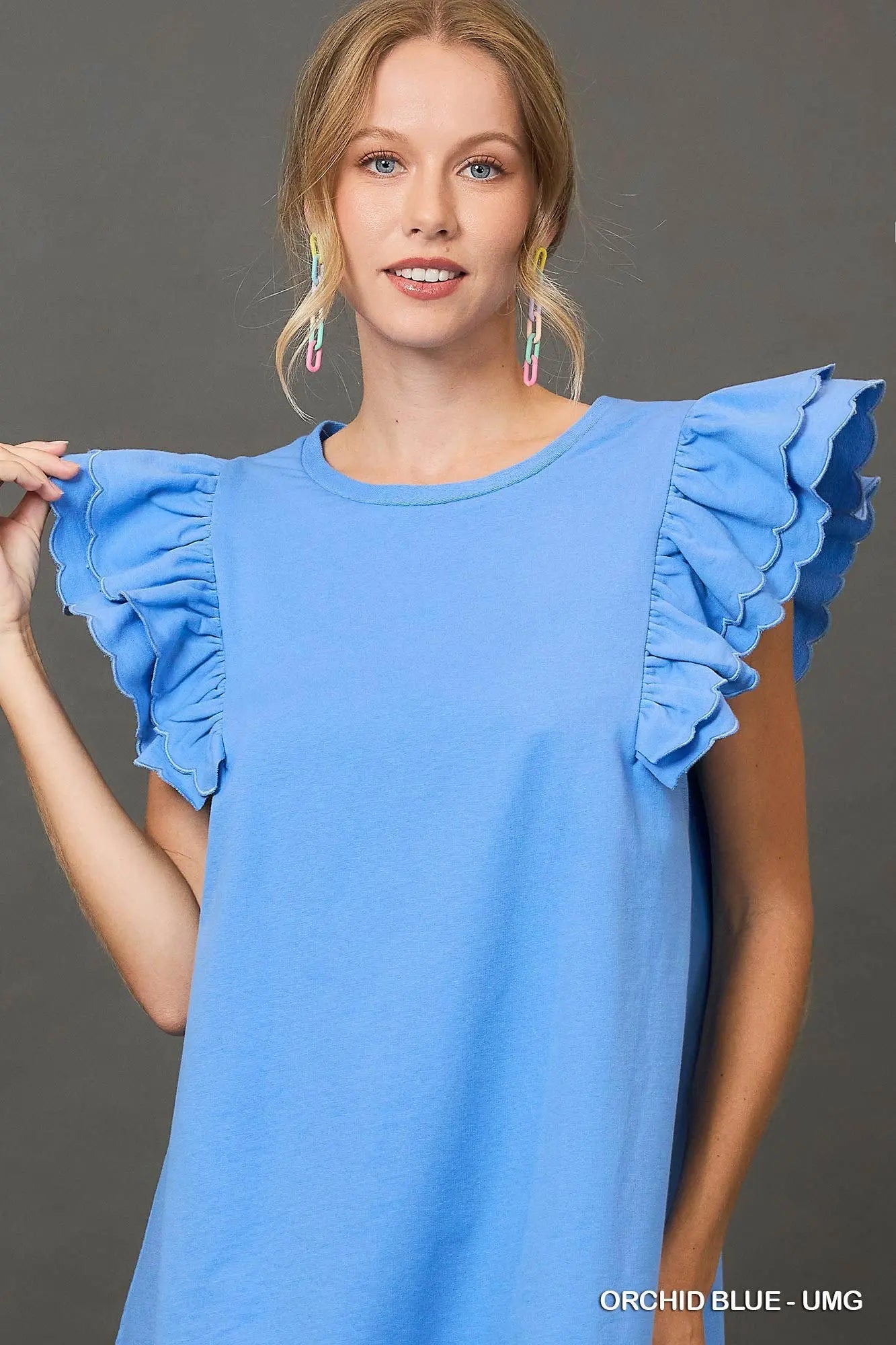 French Terry Mini Dress with Scalloped Ruffle Sleeves