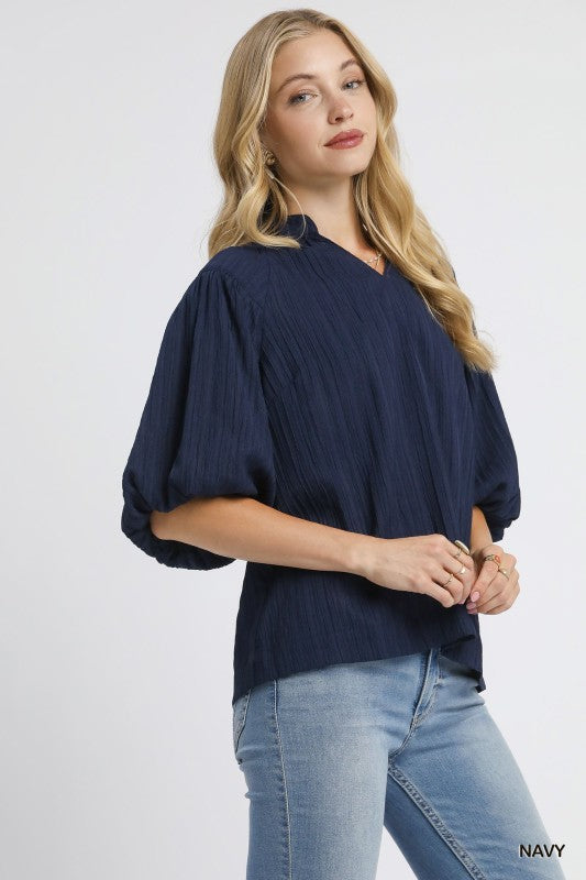 Textured V-Neck Blouse-Navy