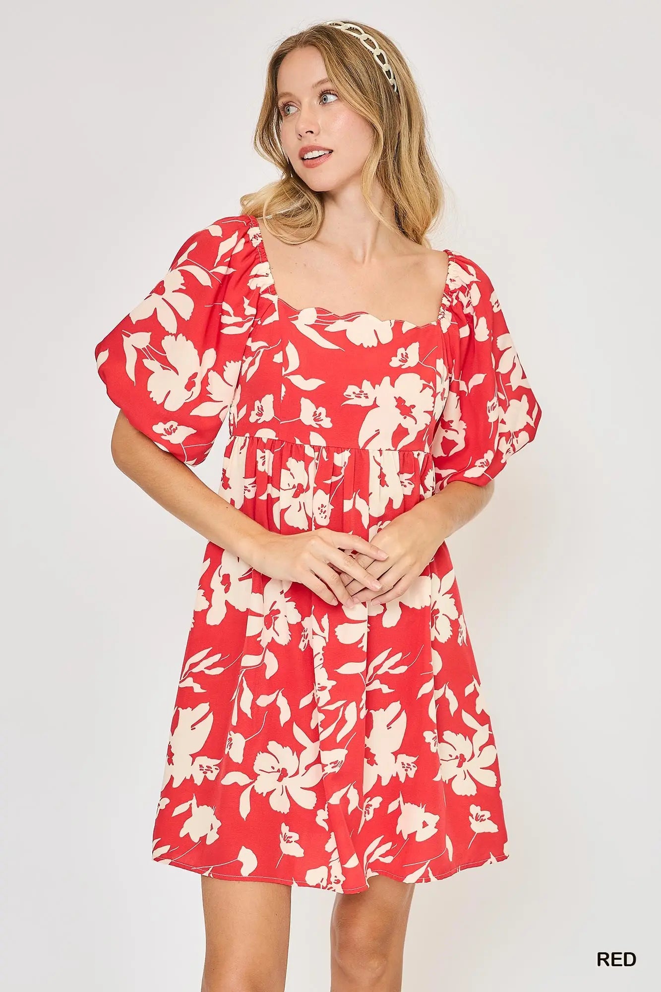 Red Floral Print Dress with Scalloped Edges
