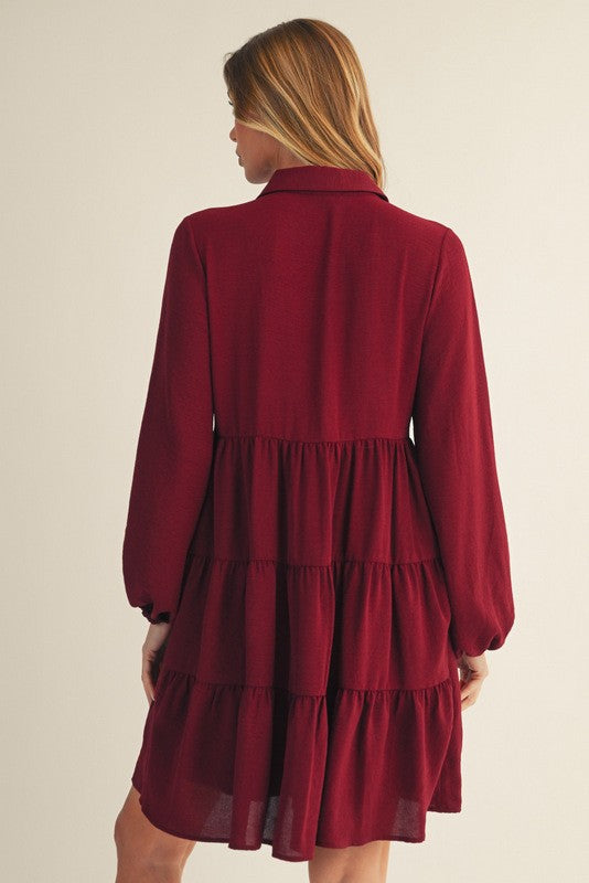 Tiered Back Detail Button Down Crinkle Dress-Burgundy