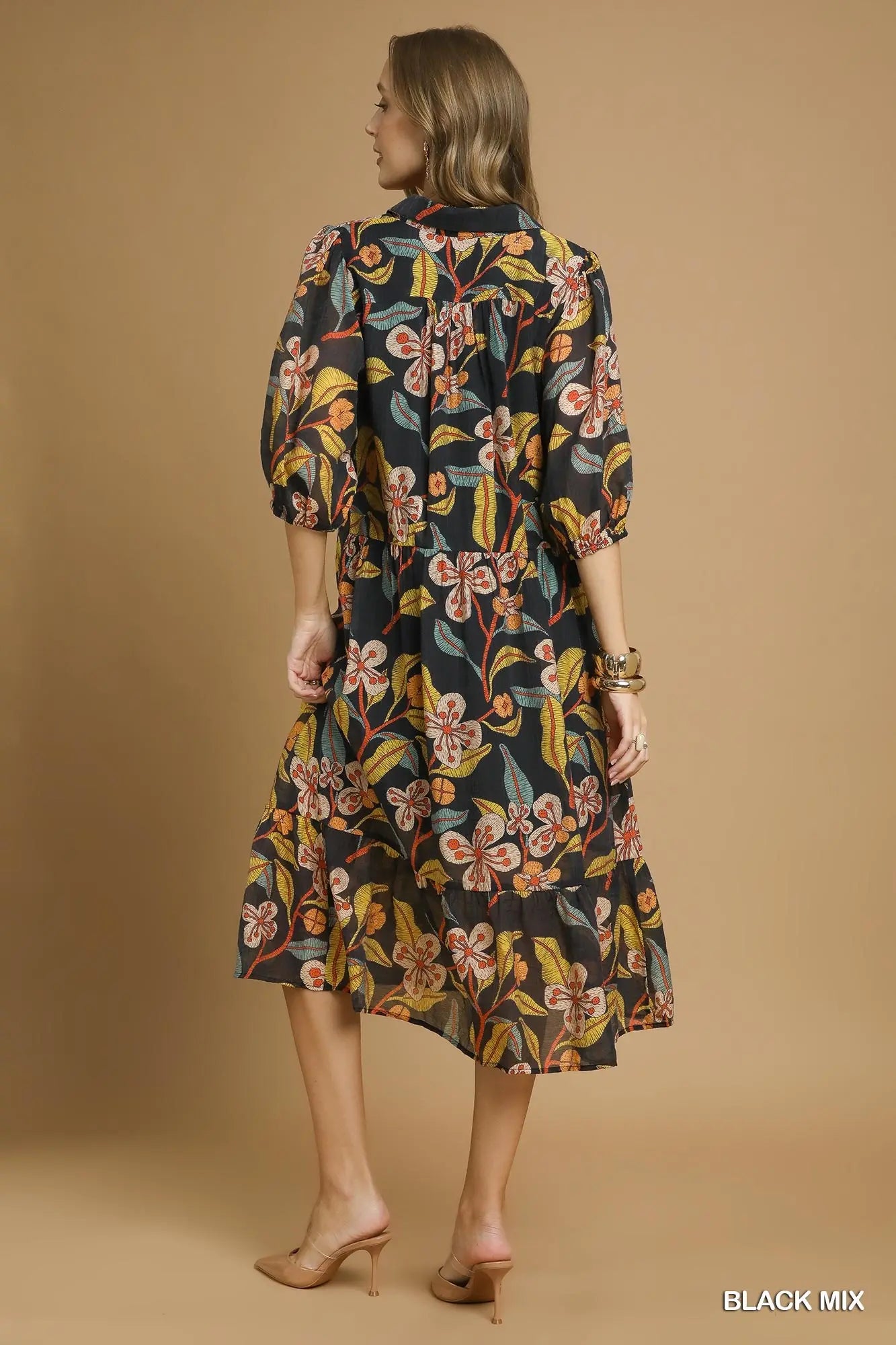 Mixed Floral Print Tiered Midi Dress- black mix