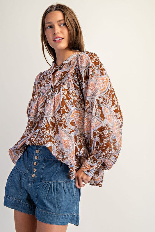 Paisley Printed Bubble Sleeve Blouse Top