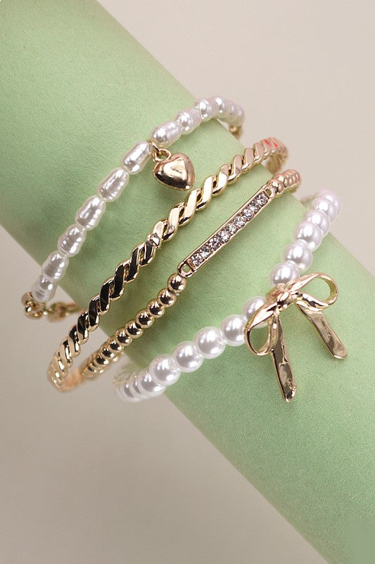 Bow Pearl Rhinestone Bar Bracelet Set