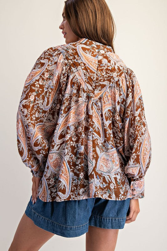 Paisley Printed Bubble Sleeve Blouse Top