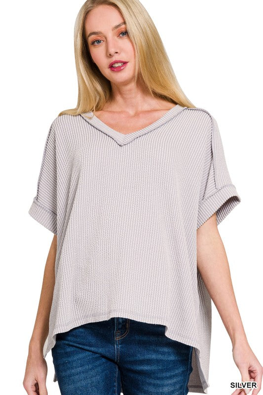 Corded Rib Knit Hi-Low V-Neck Top