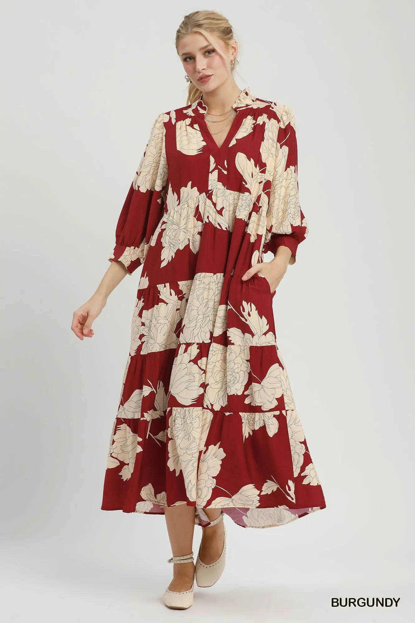 Floral Tiered Maxi Dress-Burgundy