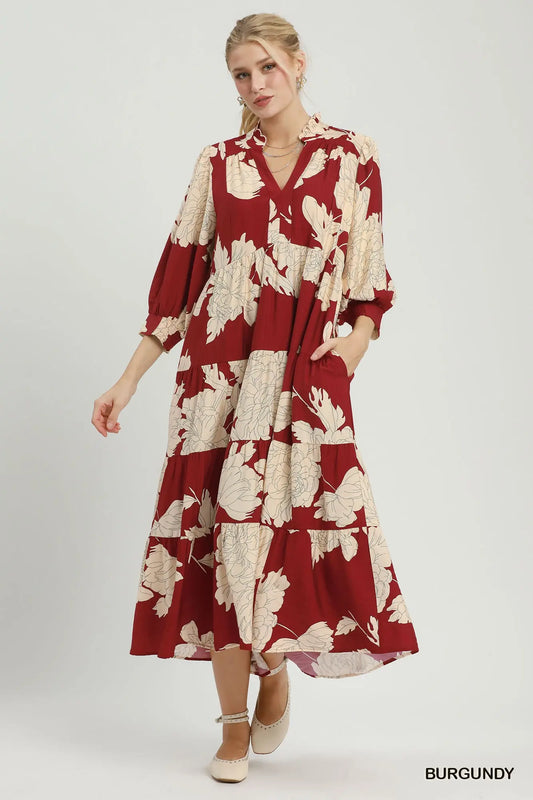 Floral Tiered Maxi Dress-Burgundy