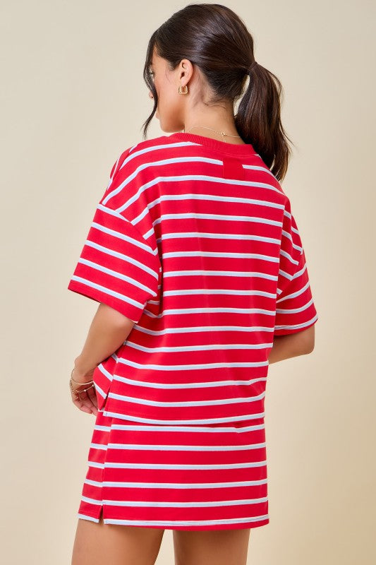Red and Blue Striped Skirt Set