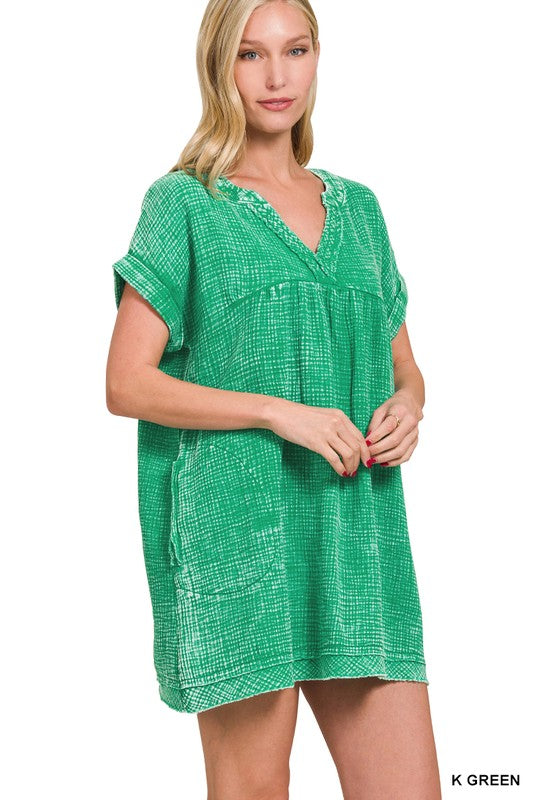 Washed Raw Edge Gauze V-Neck Dress