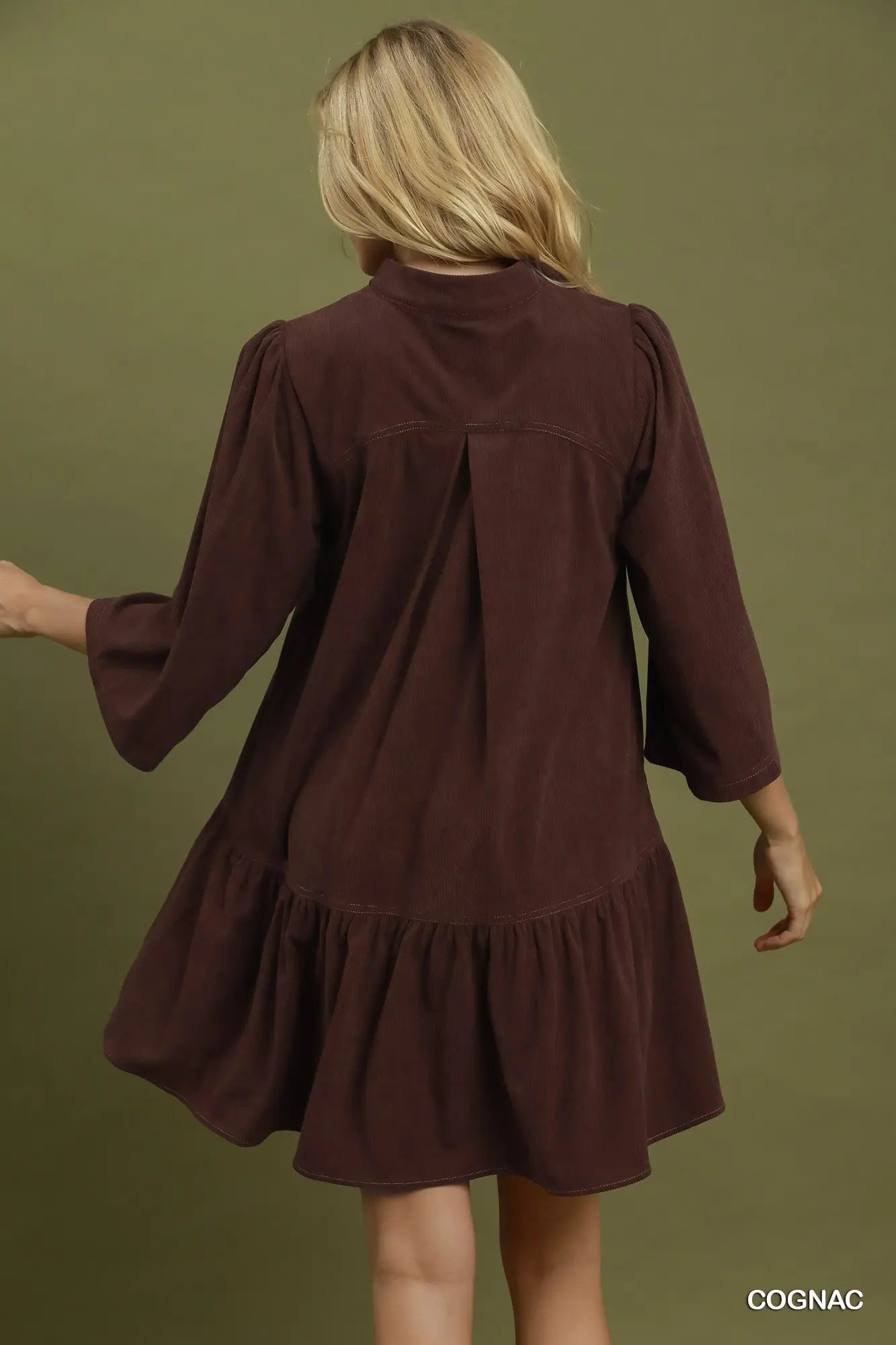 Pleated Ruffle Hem Dress-Cognac