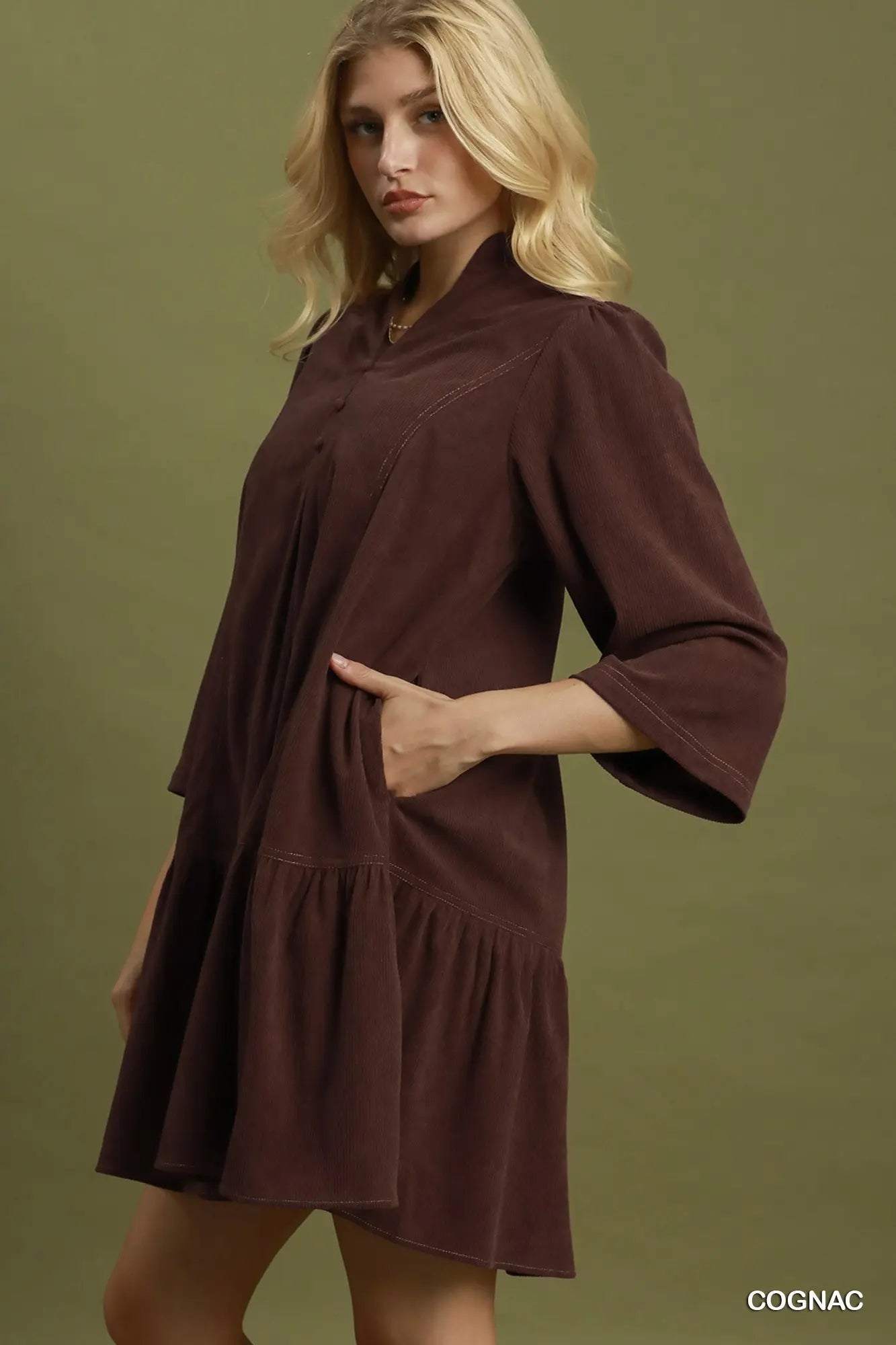 Pleated Ruffle Hem Dress-Cognac