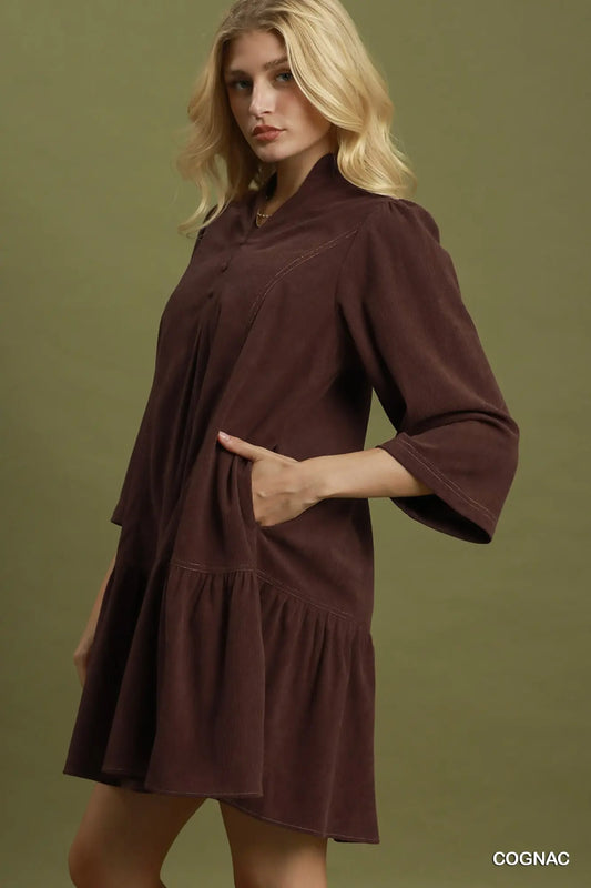 Pleated Ruffle Hem Dress-Cognac