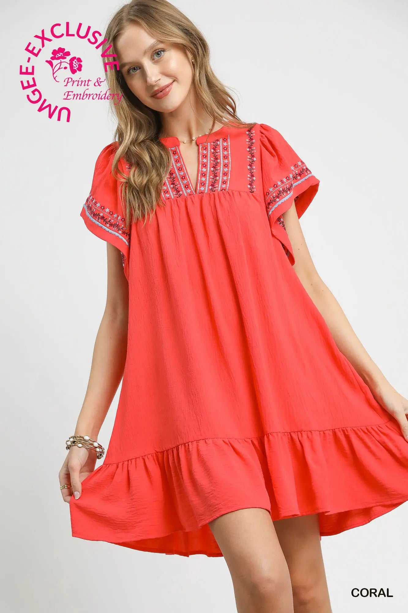 Coral Embroidered Flutter Sleeve Babydoll Dress