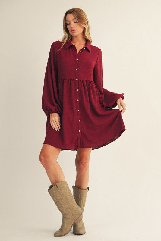 Tiered Back Detail Button Down Crinkle Dress-Burgundy