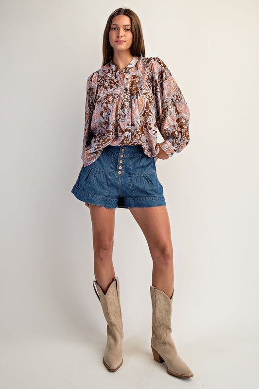 Paisley Printed Bubble Sleeve Blouse Top