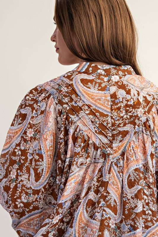 Paisley Printed Bubble Sleeve Blouse Top