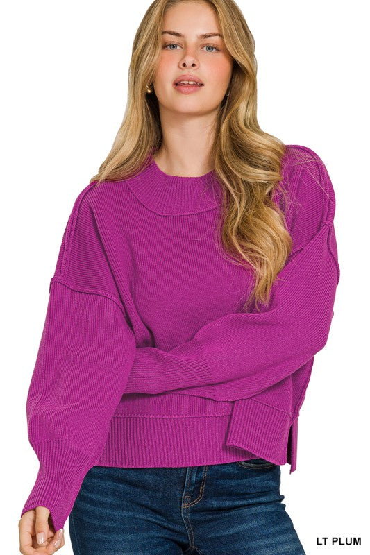 Wide Neck Drop Shoulder Sweater-Plum