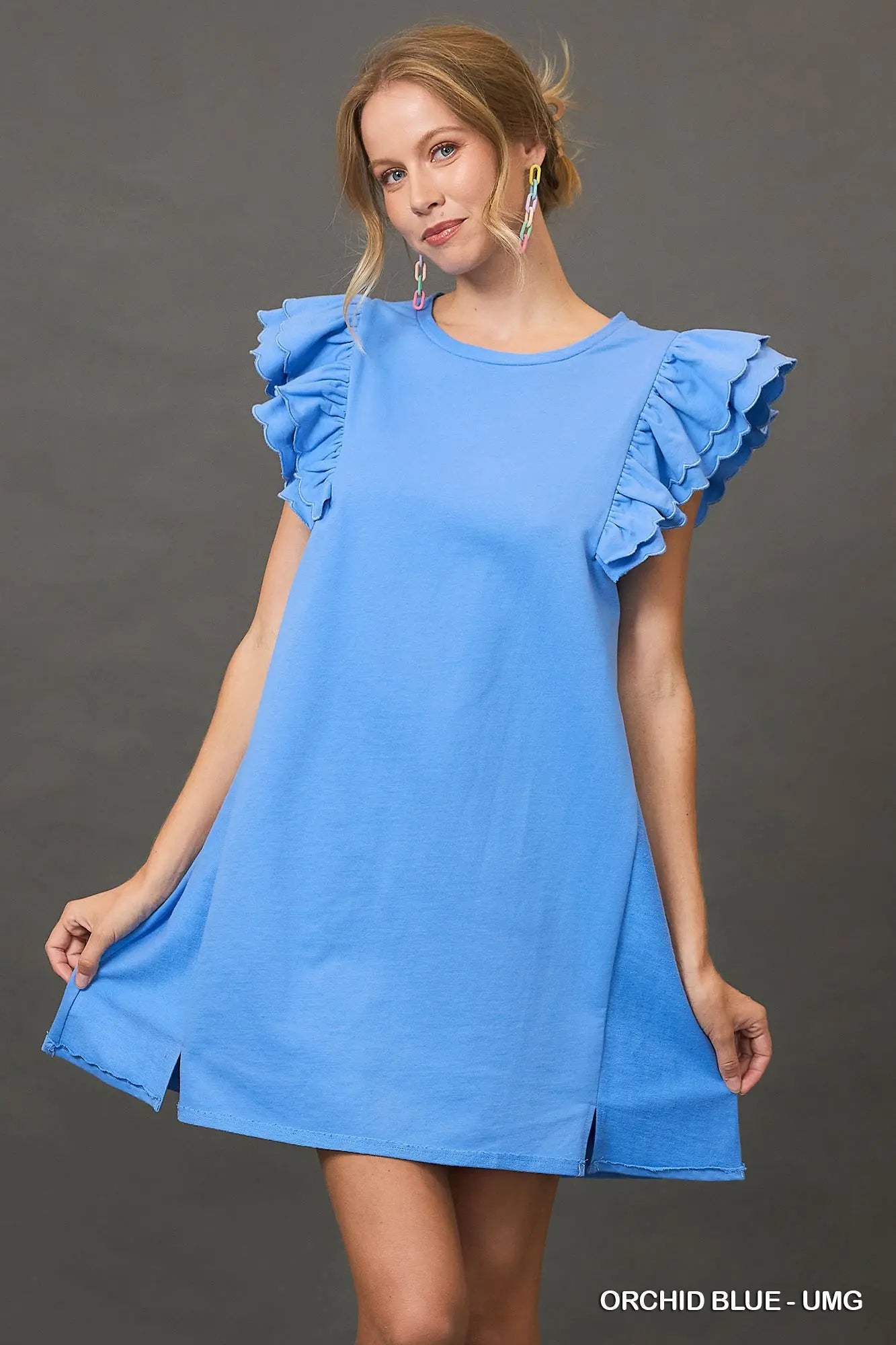 French Terry Mini Dress with Scalloped Ruffle Sleeves