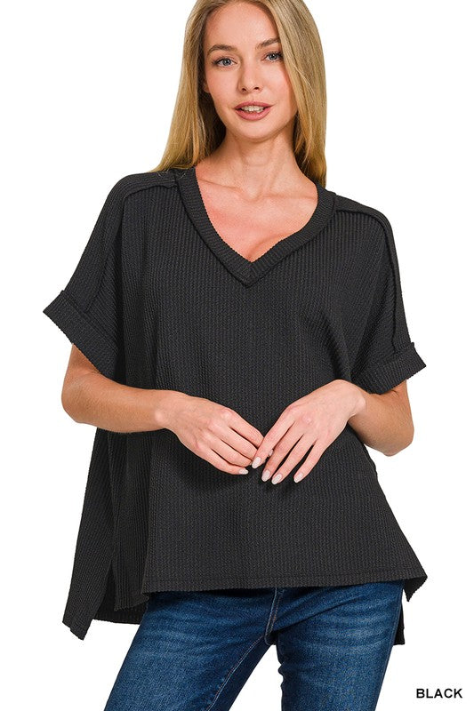 Corded Rib Knit Hi-Low V-Neck Top