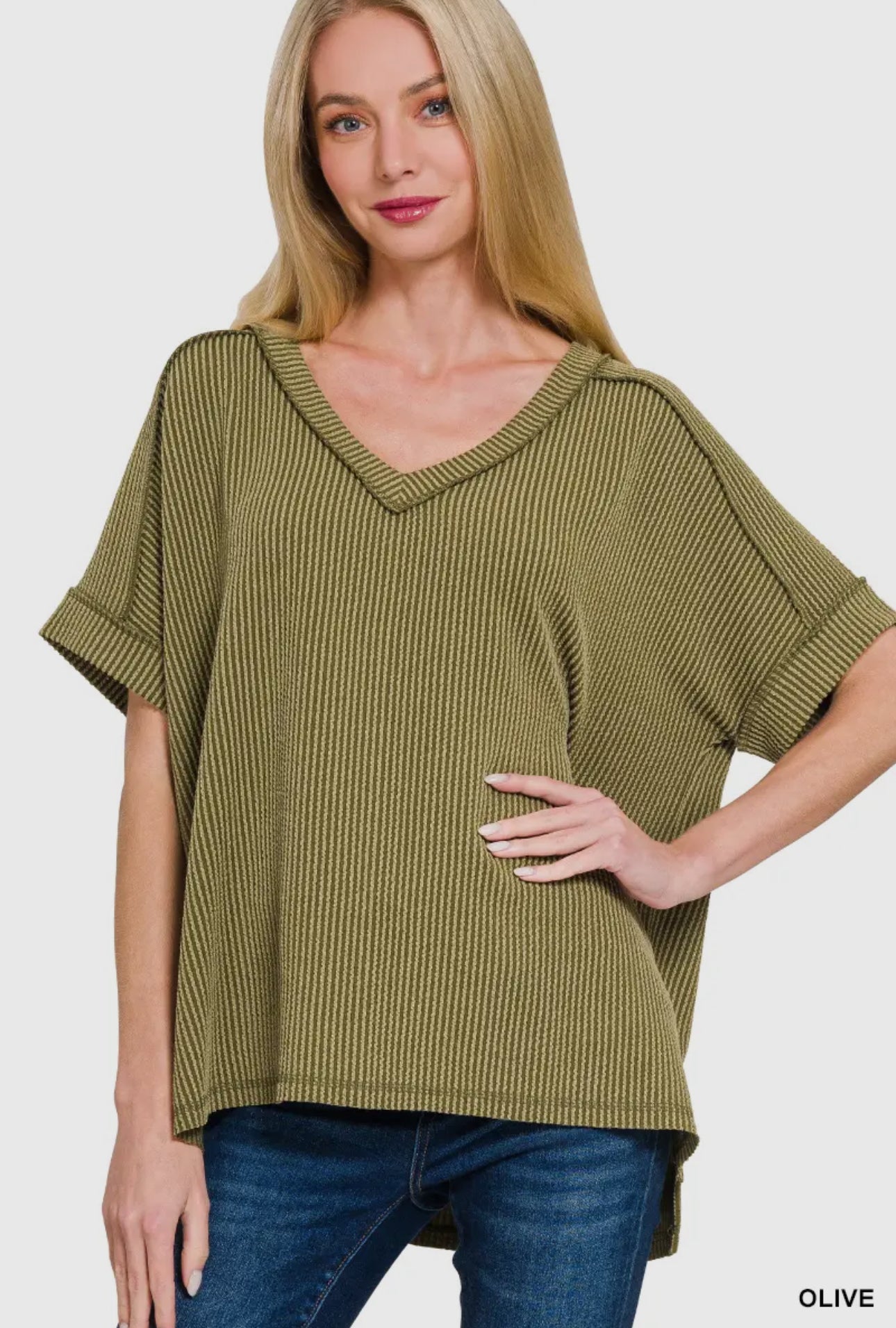 Corded Rib Knit Hi-Low V-Neck Top