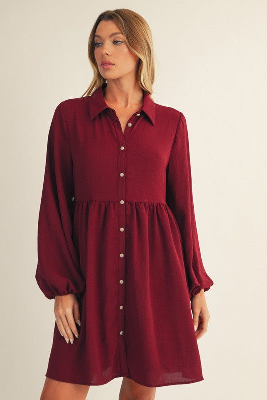Tiered Back Detail Button Down Crinkle Dress-Burgundy