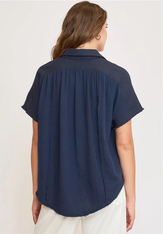 Navy Gauze Button Down Shirt
