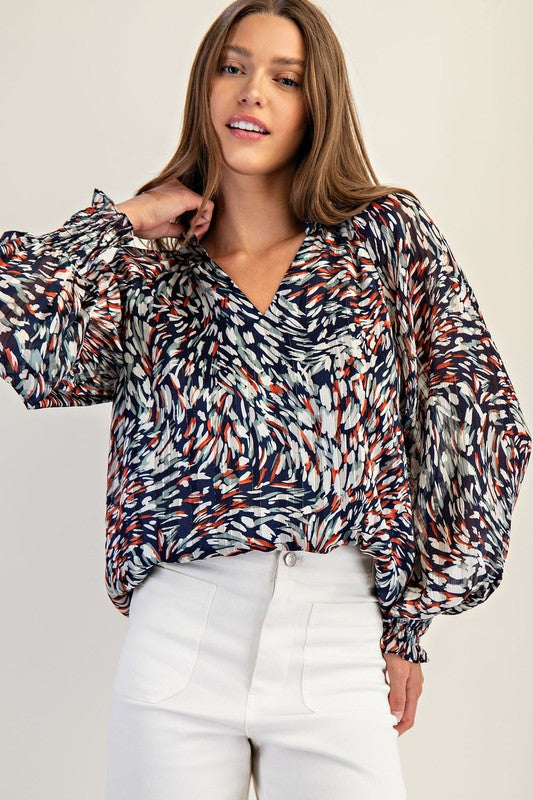 Abstract Print Bubble Sleeve Blouse