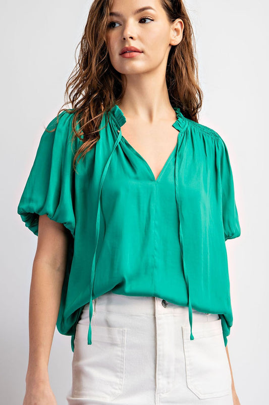 Kelly Green Tie Neck Blouse