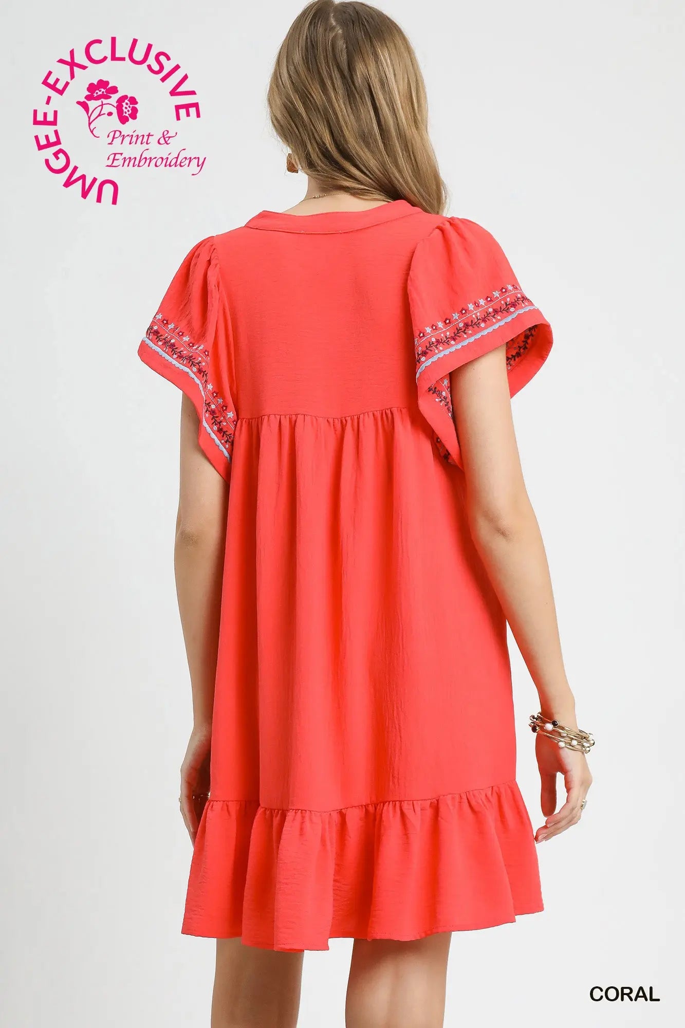 Coral Embroidered Flutter Sleeve Babydoll Dress