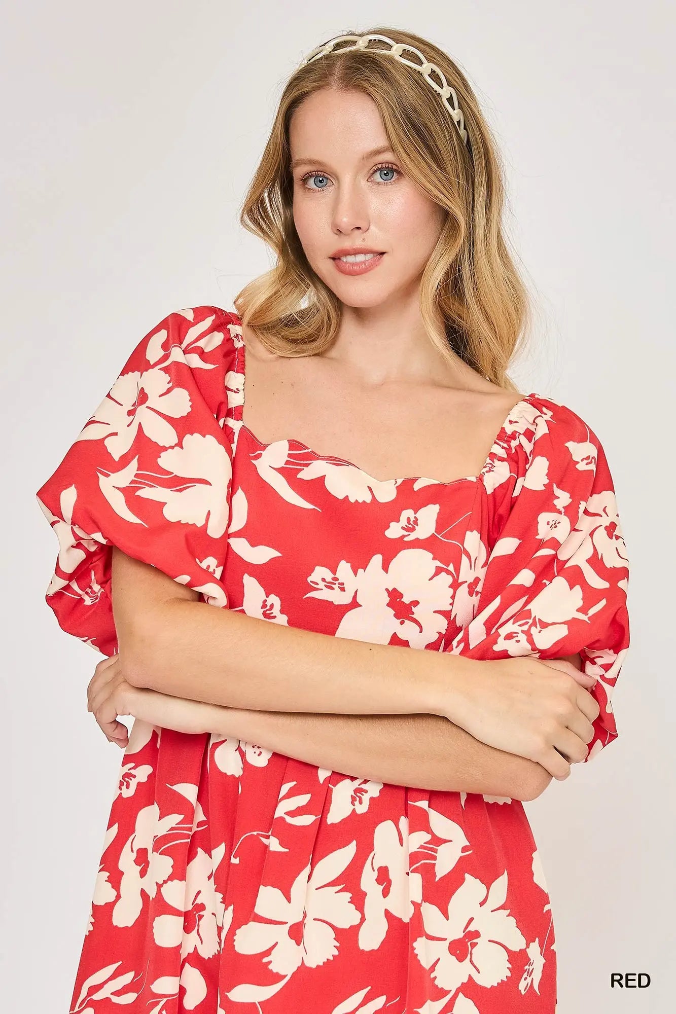Red Floral Print Dress with Scalloped Edges