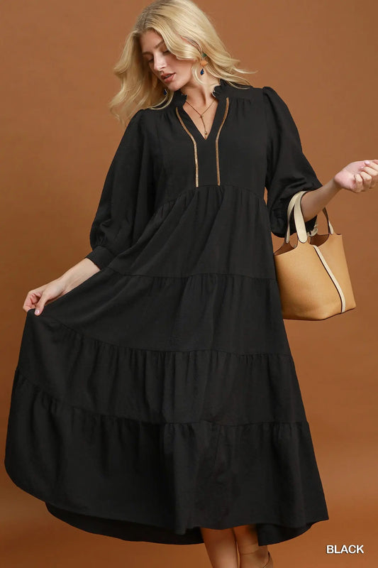 Seersucker Tiered maxi Dress With Ruffle collar-Black