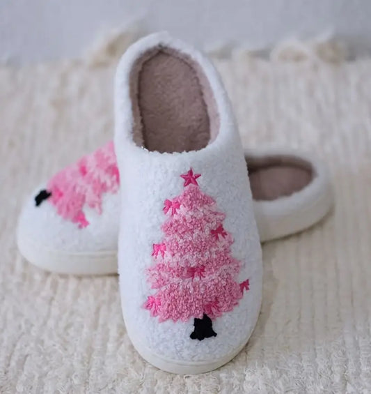 Pink Christmas Tree Cozy Slippers