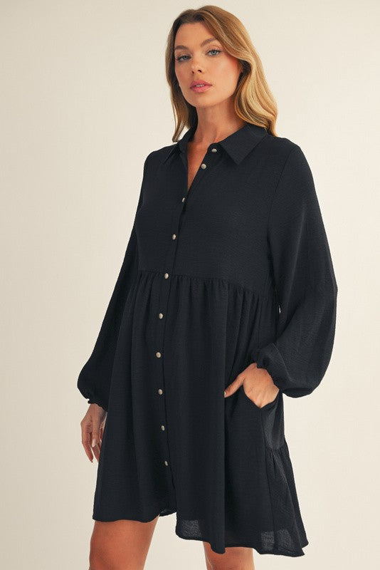 Tiered Back Detail Button Down Crinkle Dress-Black