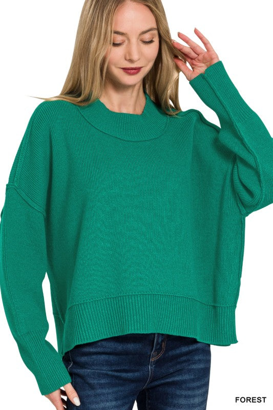 Wide Neck Drop Shoulder Sweater-Forest
