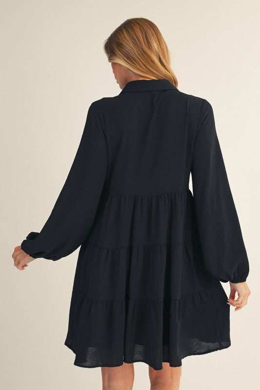 Tiered Back Detail Button Down Crinkle Dress-Black