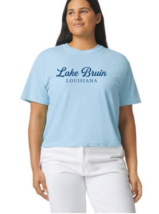 PRE-ORDER: Comfort Colors Boxy Crop In Chambray-Lake Bruin Script